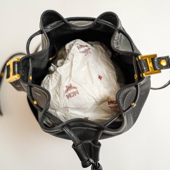 VINTAGE MCM Monogram Black Bucket Bag Drawstring Crossbody Purse - Picture 13 of 15